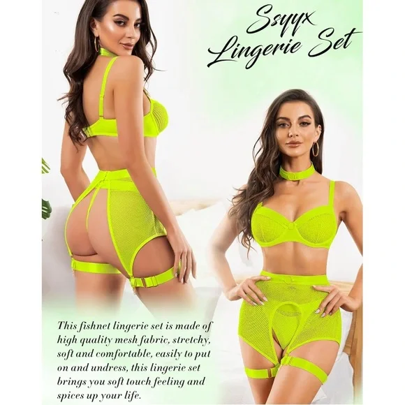 4 Piece Mesh Neon Green Lingerie Set size L - Picture 4 of 11
